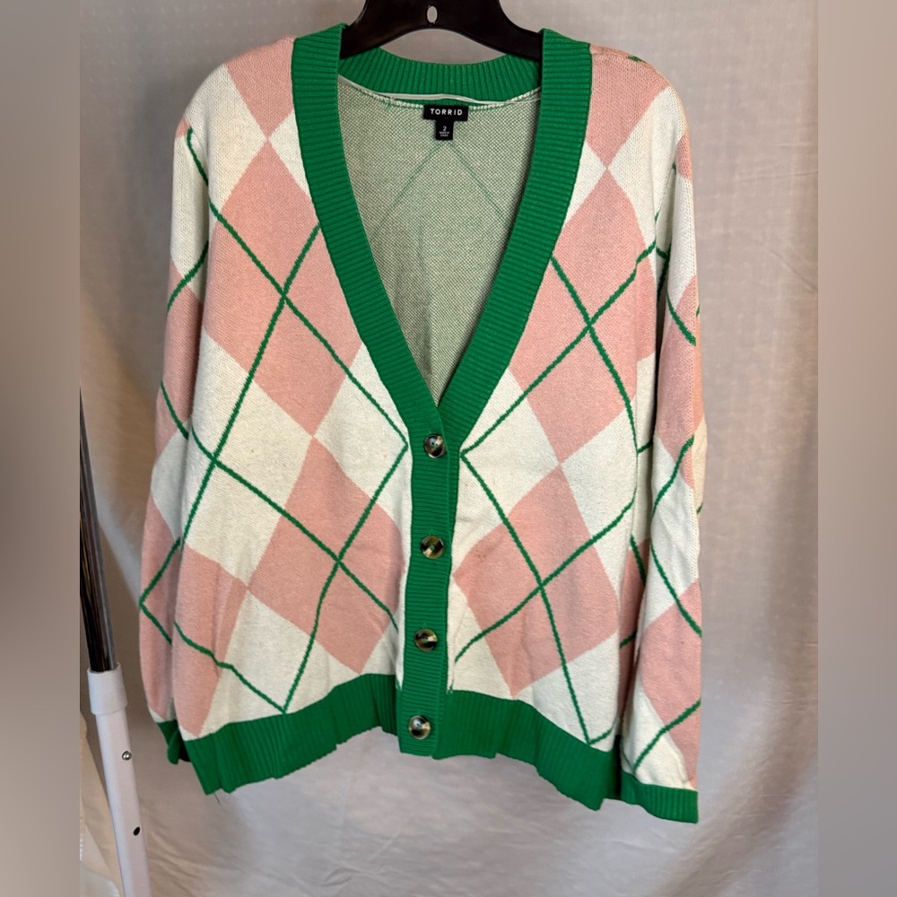 Torrid Green and Pink Argyle Cardigan